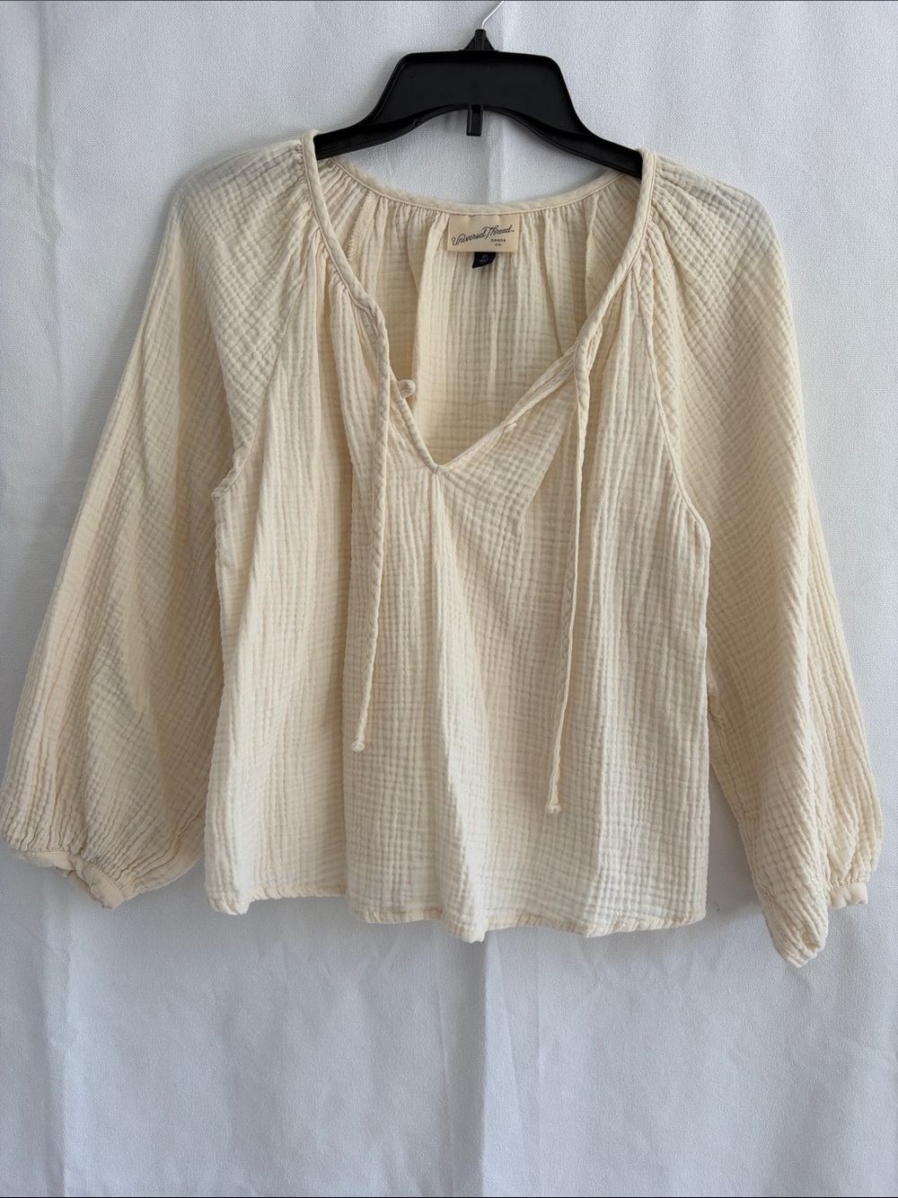 Universal Thread Cotton Cream Gauze Peasant Blouse with Tie Neck, XS